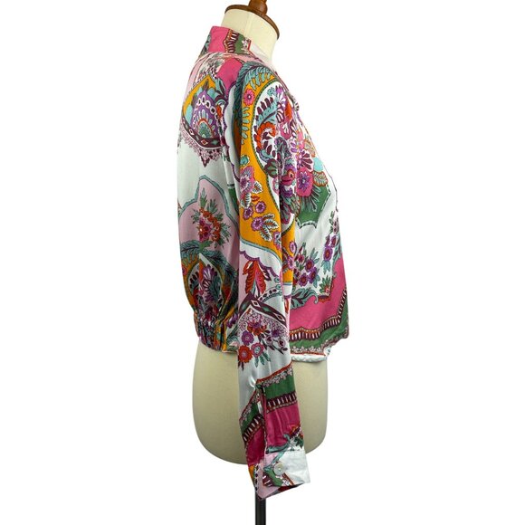 Rachel Zoe Wrap Top Womens XS Boho Long Sleeve Floral Colorful Pink Green - Picture 4 of 11
